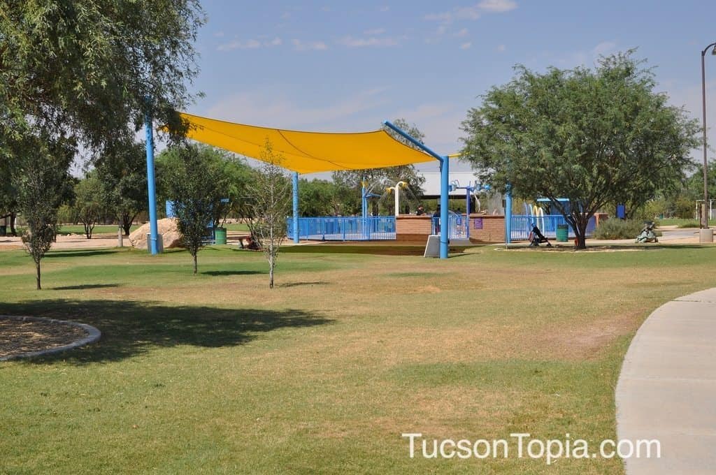 shaded veranda near splash pad at Brandi Fenton Memorial Park TucsonTopia