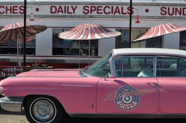 pink cadillac at Little Anthonys Diner | Little Anthony's Diner - Restaurant Guide