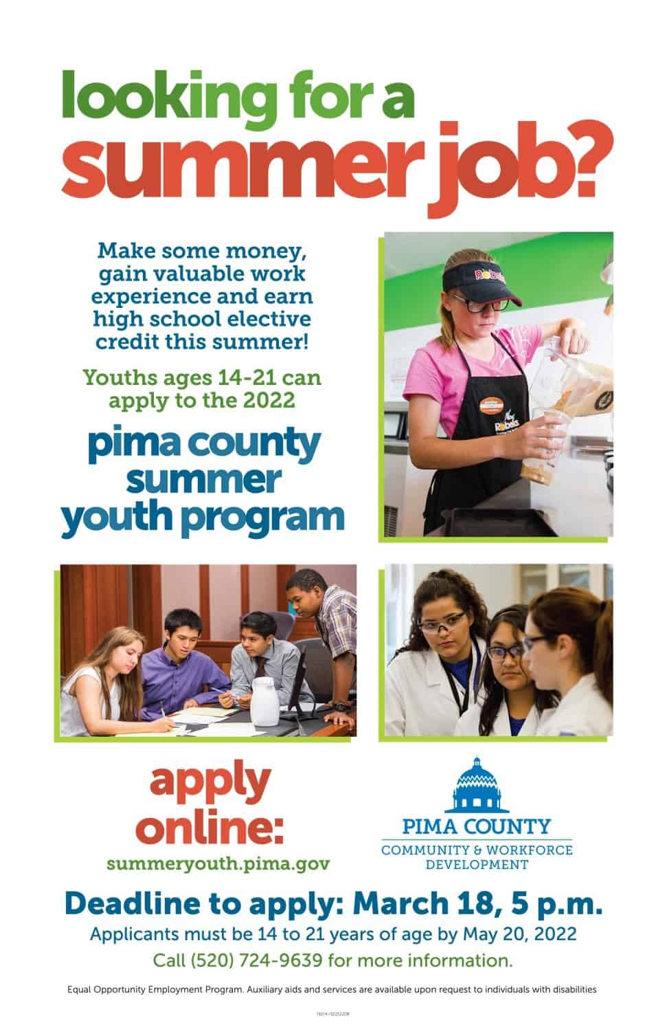 TUCSON TEENS Apply for a Job w/the Pima County Summer Youth Program